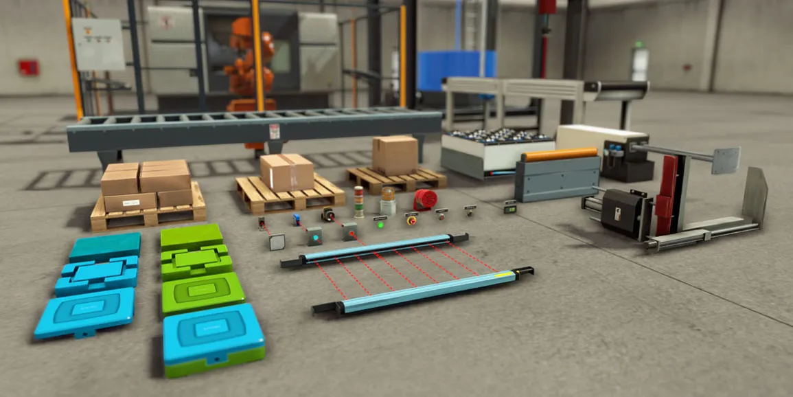 Factory I/O industrial parts laid out on a factory floor: pallets, boxes, conveyors, sensors, a light curtain, push buttons and stations