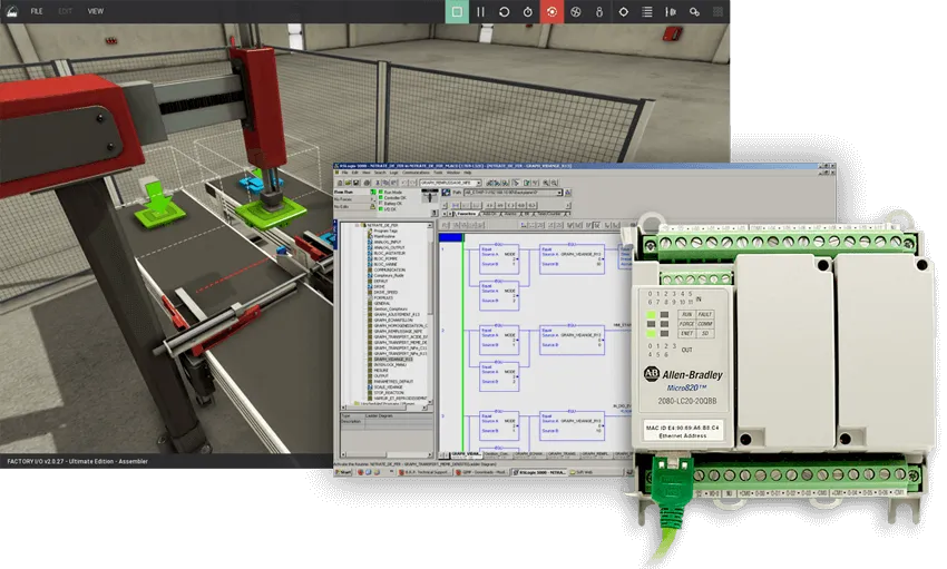 Factory I/O assembler scene with RSLogix 5000 ladder logic and an Allen-Bradley Micro820 PLC