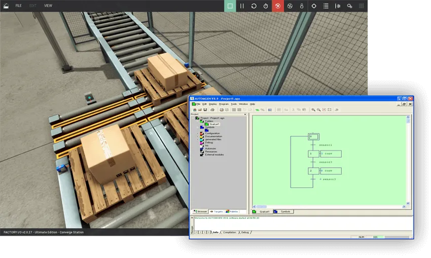 Factory I/O converge station scene alongside an Automgen GRAFCET chart