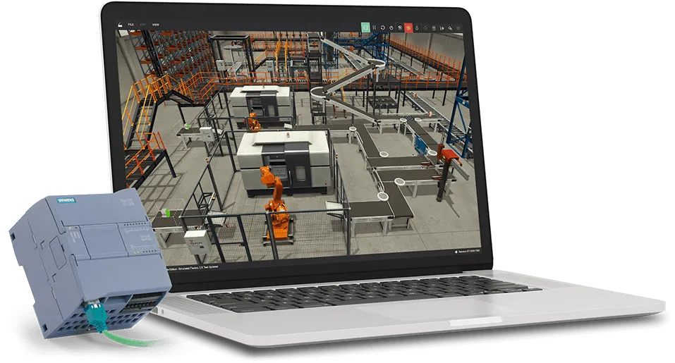 Factory I/O running a 3D warehouse scene on a laptop, connected to a Siemens S7-1200 PLC