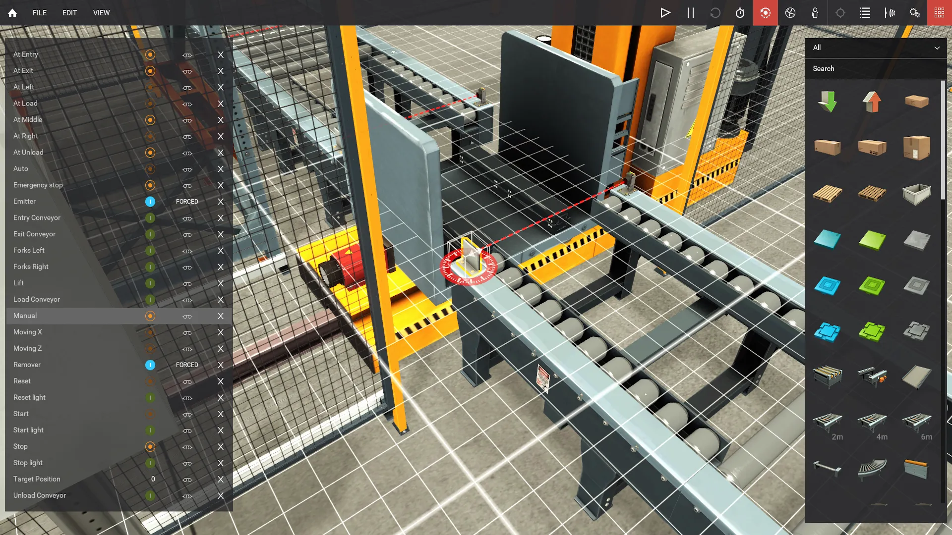 Editing a scene in Factory I/O: the tag list on the left, the parts palette on the right and a roller conveyor selected on the snapping grid