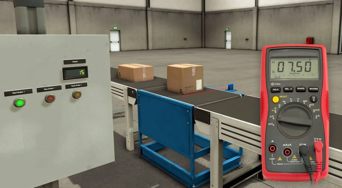 Control panel with push buttons and a digital display next to a conveyor and a multimeter reading 07.50