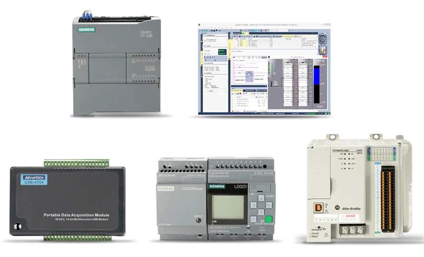 Siemens, Allen-Bradley and Advantech hardware alongside a PLC programming tool