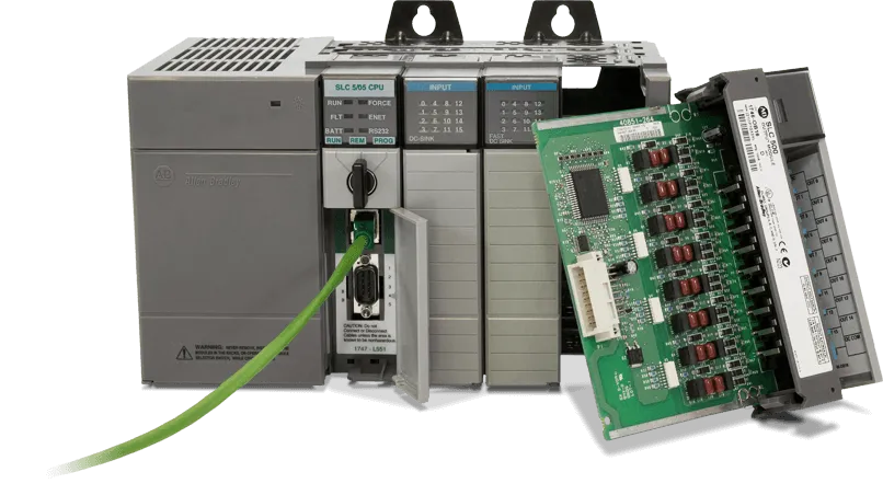 Allen-Bradley SLC 500 PLC with an I/O card and an Ethernet cable