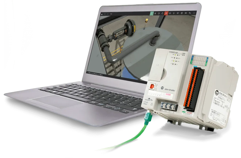 Laptop running a Factory I/O tank scene, connected by Ethernet to an Allen-Bradley CompactLogix PLC