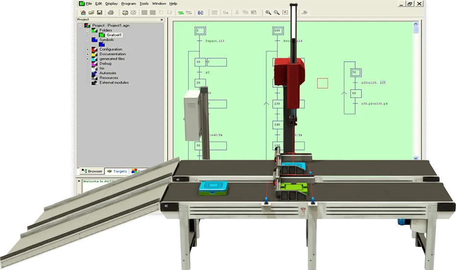 Factory I/O pick and place station in front of an Automgen GRAFCET chart