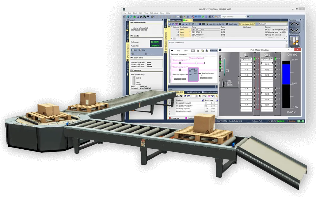 Factory I/O roller conveyors carrying boxed pallets in front of the WinSPS-S7 PLC simulator