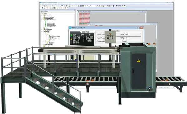 Factory I/O conveyor platform in front of Schneider Unity Pro and its PLC simulator panel