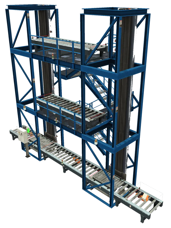Factory I/O multi-level steel structure with two elevators, stairs and roller conveyors on every level