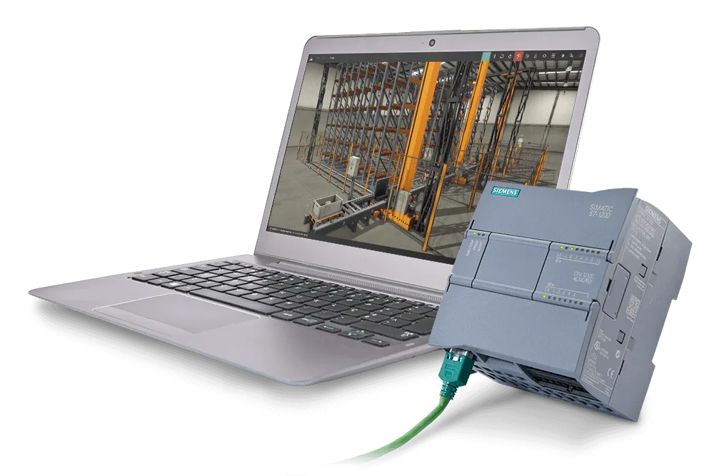 Laptop running a Factory I/O warehouse scene, connected by Ethernet to a Siemens S7-1200 PLC