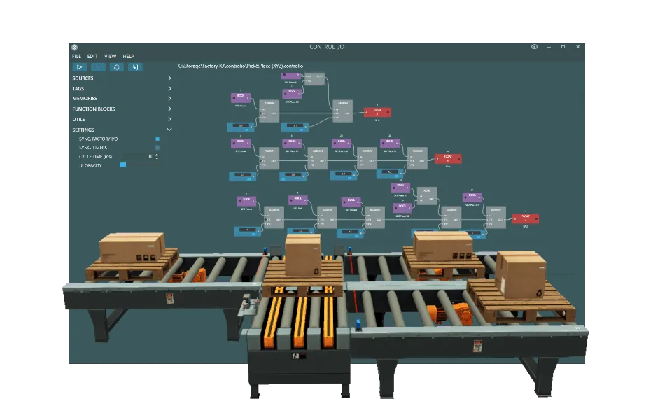 Factory I/O roller conveyors with boxed pallets in front of a Control I/O function block diagram
