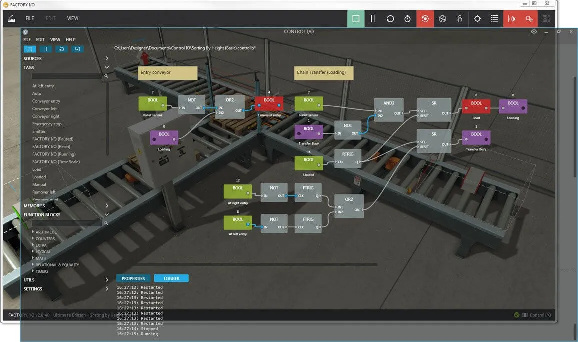 Control I/O editor overlaid on the Factory I/O Sorting by Height scene