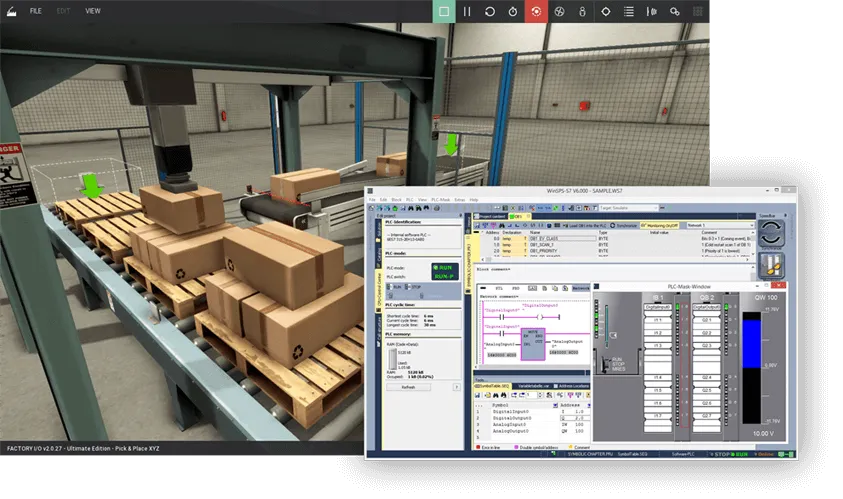Factory I/O Pick & Place XYZ scene alongside the WinSPS-S7 PLC simulator