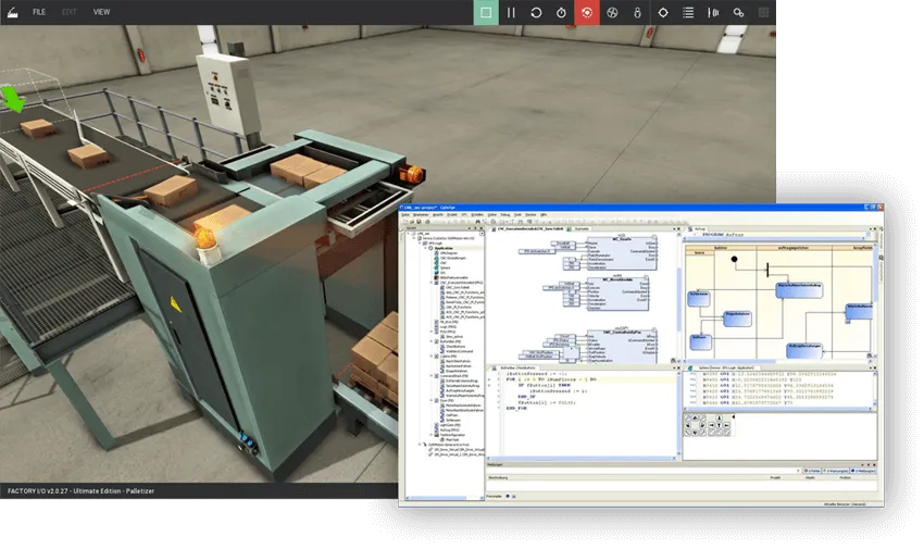 Factory I/O palletizer scene alongside a CODESYS project
