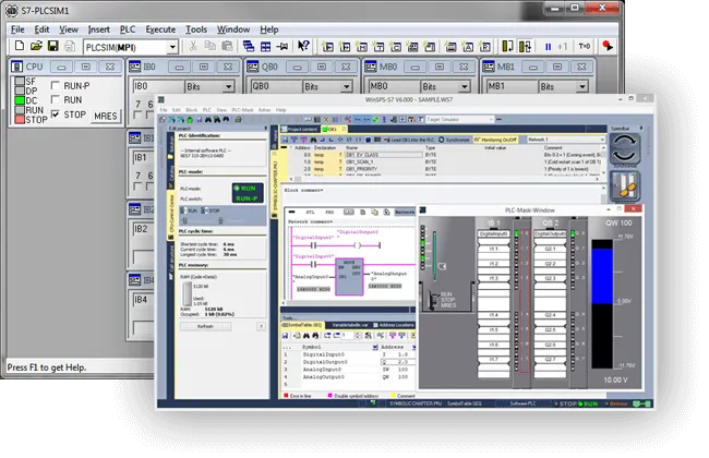 Siemens S7-PLCSIM and WinSPS-S7 PLC simulator windows