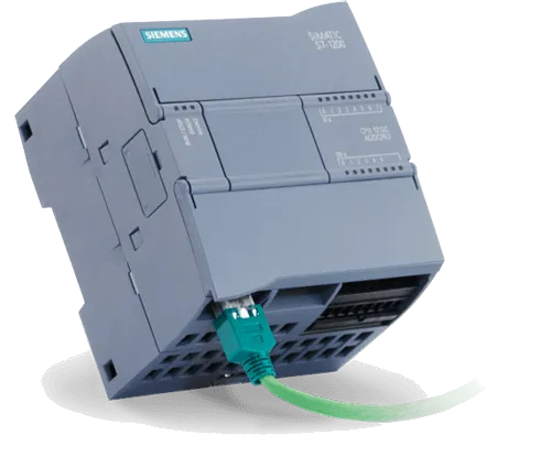 Siemens S7-1200 PLC with an Ethernet cable plugged in