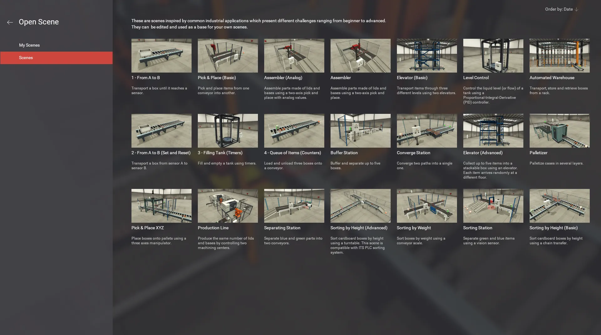Factory I/O scene browser showing ready-to-use scenes such as From A to B, Filling Tank and Automated Warehouse