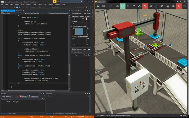 Visual Studio C# code controlling the Factory I/O Assembler scene