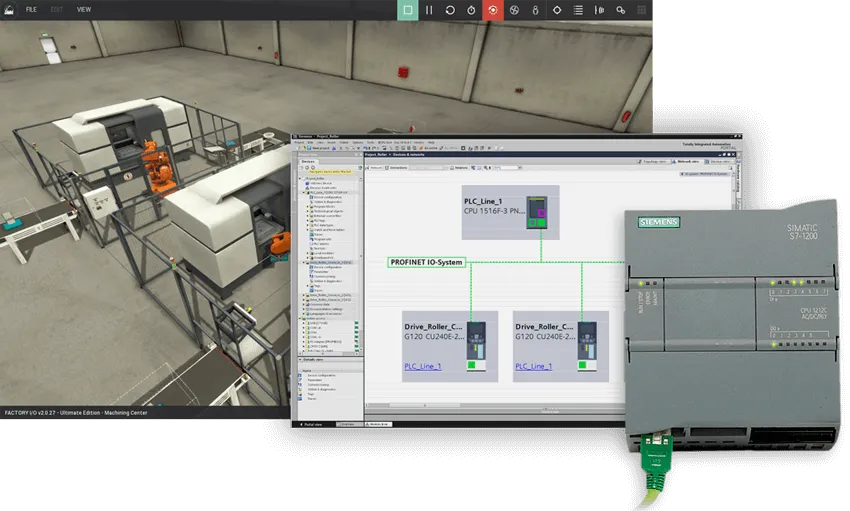 Factory I/O machining center scene with a TIA Portal network view and a Siemens S7-1200 PLC