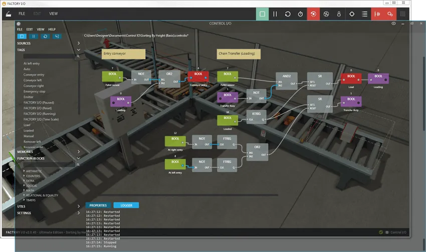 Control I/O function block diagram running over the Factory I/O Sorting by Height scene