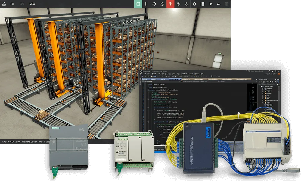 Factory I/O automated warehouse scene with a Visual Studio SDK project, Siemens S7-1200 and Allen-Bradley Micro800 PLCs, and an Advantech USB-4750 board wired to a PLC