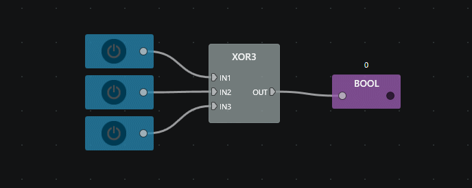 Animated Control I/O XOR3 block with three toggle inputs driving a boolean output